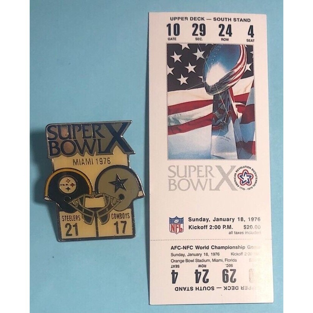 Super Bowl X -Pittsburgh Steelers 21 -Dolphins 17 , 90 Comm. Pin & Mini *Ticket